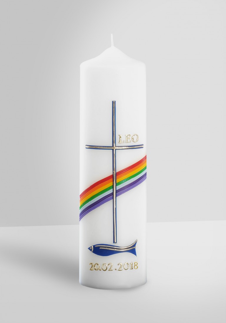 Taufkerze "Regenbogen mit Kreuz und Fisch" als Tischkerze